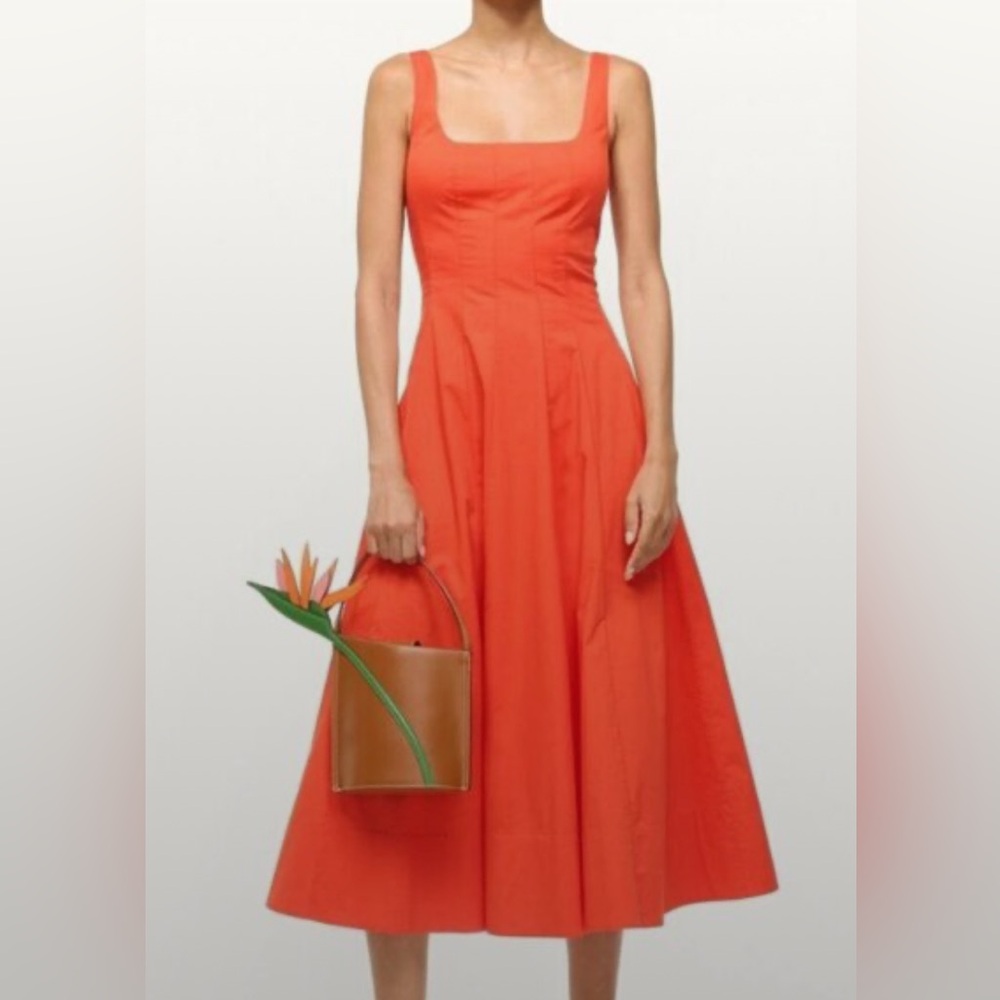 NWT Staud Wells Midi Dress in Fire Poplin 🍅 Gorgeous Tomato Red - Picture 2 of 5